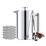 MaxMiuly French Press 1L/8 Cup Cafetiere Stainless Steel Coffee Press Double Wall Sliver Coffee Maker Insulated Coffee Pot with 8 Additional Coffee Set