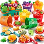 Shimfun Play Food Sets for Kids Kitchen, 77Pc Color Sorting Toy Food with Storage Basket, Cutting Pretend Fake Food Kitchen Toys, Play Kitchen Accessories, Educational Toddler Gift 4-8 Learning Toys