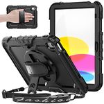 SEYMAC Case for iPad 10th Generation 2022, iPad 10.9 inch Case, Heavy Duty Shockproof with Screen Protector, 360° Rotating Stand/Hand Strap, Pencil Holder for iPad 10 Case (A2696 A2757 A2777), Black