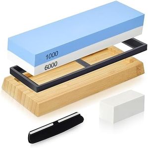 Whetstone Knife Sharpener Kit, Double Side Sharpening Stones 1000 6000 Grit, Knife Sharpening Stone with Non-Slip Bamboo Base Flattening Stone Angle Guide for Chef Knife, Kitchen Knife, Hunting Knife