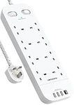 Extension Lead with USB Slots, 8 Way Outlets Power Strip with 4 USB Ports, 1800J Surge Protection Double Switch Plug Extension with 1.8M Braided Extension Cord for Home, Office