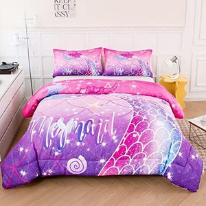 ZRNBAST Mermaid Comforter Set Queen Size Purple Pink Gradient Glitter Quilt Set for Girls Women Teens Fish Scale Bedding Set-All Seasns (Queen,Purple)