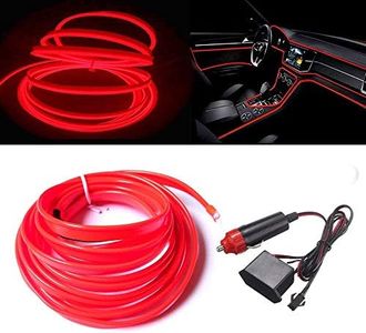 MaxLax El Wire Red Interior Car LED Strip Lights, 5m neon Wire 12V with Fuse Protection for Automotive Car Interior Decoration with 6mm Sewing Edge