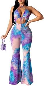 Remelon Womens Spaghetti Strap Halter Tie Dye Print Cut Out Bodycon Bell Flare Pants Club Party One Piece Jumpsuits Rompers Purple XL