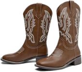 DADAWEN Women's Cowboy Boots Mid Calf Cowgirl Boots Embroidered Square Toe Pull On Western Boots Brown US Size 6