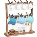 Puricon Mug Holder Coffee Cup Shelf for Counter, 2 Tier Wood Mug Tree Stand Organiser with 14 Sturdy Hooks and Storage Base, Double Sides Tea Cups Display Rack for Large and Small Mugs -Oak