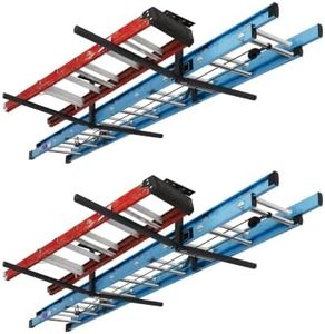 FLEXIMOUNTS 2-Pack Double Arm Adjustable Overhead Ladder Rack, Garage Ceiling Storage Rack, Ladder Organizer, 71.5" Extended Arms, 90 lbs Per Arm Heavy Duty Steel Rack for Kayak, Surfboard & Tools