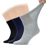 HUGH UGOLI Men's Cotton Diabetic Ankle Socks, Wide, Loose and Stretchy, Seamless Toe & Non Binding Top, Semi Cushion, 3 Pairs, Black/Navy Blue/Light Grey, Shoe Size: 8-11