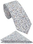 ZENXUS Mens Casual Skinny Floral Tie Combo Set with Flower Pocket Square 2½" Cotton Necktie Hand Made, 07, Skinny