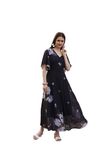 SMOWKLY Women's Georgette Floral Printed Indo-Western Ethnic Gown || Half Sleeve V Neck Fit & Flare Flared Hem Design || Casual Wear A-Line Maxi Dress 1325_NBL_M Navy Blue