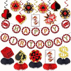 LARRAZABAL Casino Theme Party Decorations, Poker Party Decorations Include Happy Birthday Banner Hanging Swirls and Honeycomb Centerpiece Casino Poker Theme Birthday Party Supplies