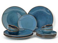 Bodhi House Handcrafted Stoneware Reactive Glaze Ceramic Dinner Set, 12 Pieces Serving for 4, Microwave and Dishwasher Safe, Bone-ash Free, Crockery Set for Dining and Gifting, Greenish Blue