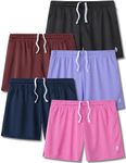 5-Pack Women's Athletic Shorts Mesh Basketball, Ladies Active Loose Pull-On Shorts with Zipper Pockets, 5" Inseam, Pink/Navy/Black/Maroon/Lavender, Medium