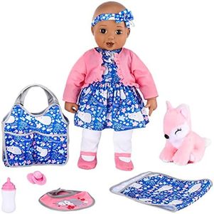 KOOKAMUNGA KIDS 18 Inch Black Baby Doll and Accessocies Set - Realistic Baby Doll - Baby Dolls for 2 Year Old Girls & Boys and Up - Toy Bottle - Diaper Bag - Blanket Pacifier & Fox Toy - Blue Foxdress