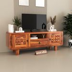 wood affair Sheesham Wood TV Unit for Living Room | Media Console Movable Tv Cabinet | Free Standing Tv Unit with 2 Door, Drawer & Shelf Storage | Sideboard Cabinet | Diamond Design, Natural Finish