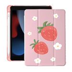 Cute Flower Strawberry for iPad 7th/8th/9th Generation Case with Pencil Holder, Auto Sleep/Wake, Pink Leather with Clear Soft TPU Back Cover for iPad 10.2 Inch 2019/2020/2021