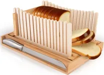 Bamboo Bread Slicer with Knife for Homemade Bread - Adjustable bread Slicing Guides, Foldable Compact Loaf Cutting Guide with Crumb Tray, Stainless Steel Bread Knife for Homemade Bread