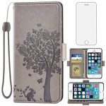 Asuwish Compatible with iPhone 5S 5 SE 2016 5SE Wallet Case Tempered Glass Screen Protector Flip Wrist Strap Card Holder Cell Phone Cover for iPhone5 iPhone5s iPhoneSE iPhone6se i 6SE iPhone5se Gray