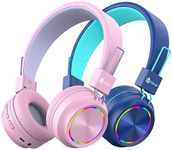 2 Pack iClever BTH03 Kids Wireless Headphones - Colorful Lights Headphones for Kids with MIC, Volume Control Online Schooling - Children Headsets on Ear for School iPad Tablet Airplane, Blue/Pink