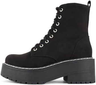 Soda FLING Women Chunky Lug Sole Lace up Fashion Combat Ankle Boot w/Side Zipper, Black Suede, 6