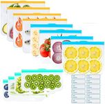 Exllena Reusable Silicone Freezer Bags + Freezer Labels, Reusable Food Bags BPA Free, Eco-Friendly and Leakproof Ziplock Bags with Triple Zip Closures-12 Packs