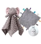 CREVENT Cozy Plush Baby Security Blanket Loveys for Baby Boys and Girls, Minky Dot Front + Sherpa Backing with Animal Head (Grey Elephant + Tag)