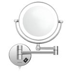 Plantex Brass and 304 Stainless-Steel Magnifying Mirror with LED/Makeup Mirror with Light/Zoom Mirror- 5x/1x Magnification (8 Inch-Chrome/Wall Mount)