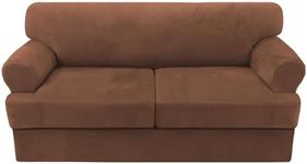 H.VERSAILTEX Sofa Cover 3 Piece T Cushion Sofa Slipcovers Thick Velvet Couch Cover Stretch T Cushion Sofa Covers for 2 Cushion Couch with 2 Individual T Cushion Covers Washable, Caramel