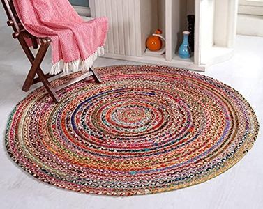 Mishran Eco Friendly Medium Round Braided Rug Flat Weave with Natural Jute and Multi Colour Recycled Material 120 cm Diameter