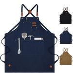 Chef Apron for Men Women, Cotton Canvas Apron with Large Pockets for Kitchen Cooking Baking Painting, Gardening, Work Aprons with Adjustable Strap for Shop, Restaurant, Cafe, Grilling, M to XXL (Blue)