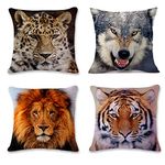 4 Pcs Throw Pillow Covers Decorative Animal Cushion Covers 45cm x 45cm, Cotton Linen Square Pillow Cases Sofa Bed Car Office Home Decor Pillowcase 18x18 Inch - Cool Lion Tiger Wolf Leopard Print