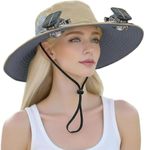 Outdoor Wide Brim Sun Hat with 2 Solar Powered Fan, Bucket Hat for Men Women, Fishing, Gardening & Beach Hat for Men, USB Charging, UPF 50+ Khaki