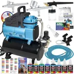 Master Airbrush Cool Runner Dual Fan Air Compressor with Storage Tank - Professional Airbrushing System Kit with 3 Airbrushes Gravity & Siphon Feed, 6 Primary Opaque Colors Acrylic Paint Art Set