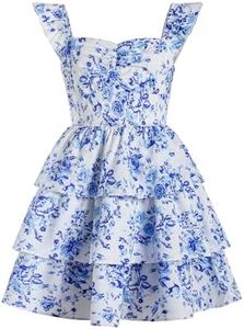 RoseSeek Girl's Floral Summer Dress Ruffle Shirred High Waist Ruched Sweetheart A Line Spring Dress Blue White Floral 14Y