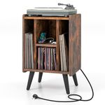 COSTWAY Record Player Stand with Charging Station, Turntable Stand End Sofa Side Table with 4 Open Shelves, Wooden Albums Vinyl Record Storage Cabinet Holder for Living Room Bedroom (Rustic Brown)