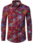 LucMatton Men's Vintage 70s Style Paisley Pattern Printed Clothing Traditional Long Sleeve Button up Shirts for Hippie Disco Outfit Burgundy Small