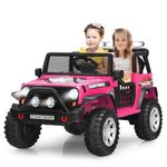 Costzon 2-Seater Ride on Truck, 12V Battery Powered Electric Vehicle w/Remote Control, 2 Speeds, Spring Suspension, LED Light, Horn, Music/ MP3, 2 Doors Open, Ride on Car for Kids (Pink)