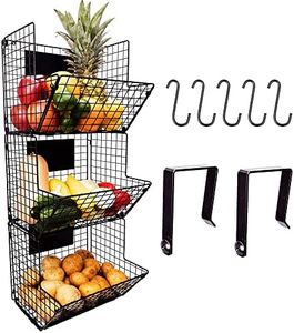 Culinary Couture 3-Tier Wire Hanging Basket for Organizing, Heavy-Duty Hanging Wall Baskets for Storage with Adjustable Chalkboards & S-Hooks, Minimalist Hanging Fruit Basket for Kitchen, Black