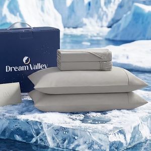 Dream Valley® Cooling Sheets King Size, Cooling Fitted Breathable Bed Sheets & Flat Sheet with 2 Pillowcases-4 PCS for Night Sweats & Hot Sleepers, Q-Max >0.45 Aerocool, Deep Pocket 16",Quiet Gray