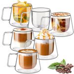 TKNO Set of 6 Double Walled Coffee Glasses Mugs Cappuccino Macchiato Glasses Cups with Handle, Borosilicate Heat Resistant Glass Cups for Coffee Tea Milk Juice, Ideal for Hot & Cold Drinks, 300ml