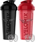 VELOMIX -2 Pack- 28 oz Protein Shaker Bottles for Protein Mixes - 2x Wire Whisk | Leak Proof Shaker Cups for Protein Shakes | Protein Shaker Bottle Pack | Shakers for Protein Shakes - Black&Red