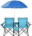 Goplus Double Camping Chair with Umbrella, Folding Loveseat Chairs w/Canopy Shade, Carrying Bag, Table, Cup Holder, Portable Beach Chairs Outdoor Picnic Patio (Turquoise)