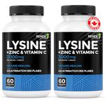 Renew Actives L-Lysine 1000 mg per Serving – Helps Reduce Cold Sore Recurrence, with Zinc & Vitamin C for Immune, Collagen & Skin Support – Made in Canada – 60 Tablets (2pk)