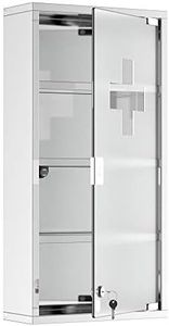 HOMCOM Wall Mounted Medicine Cabinet, Locking Wall Cabinet with 4 Tier Shelves, Stainless Steel Frame and Glass Door, Lockable with 2 Keys, Silver, 12" x 24"