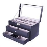 Styleys 12 Slot Faux Leather Lockable Watch Organizer Box, Men & Women Jewelry Display Drawer Case, 3-tier Watch Organiser Sunglasses Showcase with Glass Lid (Black, W145)