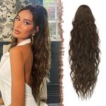 FESHFEN Long Ponytail Extensions, Drawstring Clip in Curly Wavy Hairpieces Synthetic Ponytails Hair Piece Pony Tail Extension for Women, Light Brown 26 inch