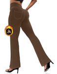 VOOVEEYA Women's Bootcut Leggings - Bootleg Yoga Pants Flare with 4 Pockets,Tummy Control High Waisted Casual Dress Pants, Fleece Lined-dark Brown, Small