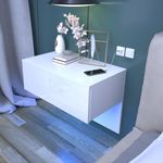 Dripex Floating Bedside Table with RGB LED Lights Wall Mounted Bedside Cabinet with Drawer High Gloss Front Cream White Bedside Drawer For Bedroom, Hotel