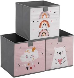 Navaris Kids Storage Cubes (Set of 3) - Storage Boxes 11x11x11" with Animal Designs - Children's Cube Bins Fabric Organizer Bin - Pink/White