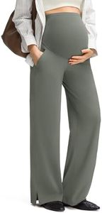 G4Free Pregnancy Dress Pants with Pockets Wide Leg Yoga Trousers Maternity Casual Slacks Over Bump Summer(Gray Sage,L,Petite)